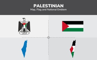 Palestinian Map, Flag and National Emblem - Illustration