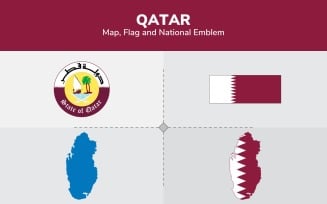 Qatar Map, Flag and National Emblem - Illustration