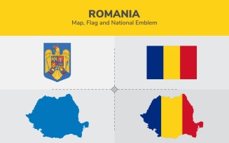 Romania Map, Flag and National Emblem - Illustration