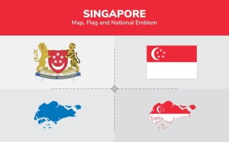 Singapore Map, Flag and National Emblem - Illustration