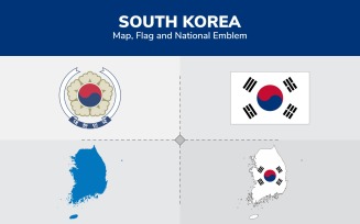 South Korea Map, Flag and National Emblem - Illustration