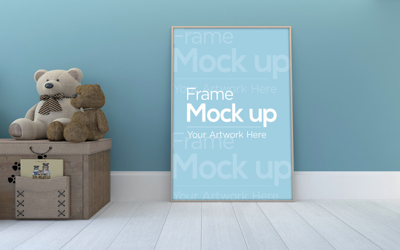 Kids Photo Frame with Teddy Bear on Wooden Box product mockup Product Mockup