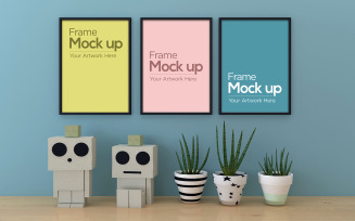Three kids Photo Frame with Paper Robot and Plant product mockup