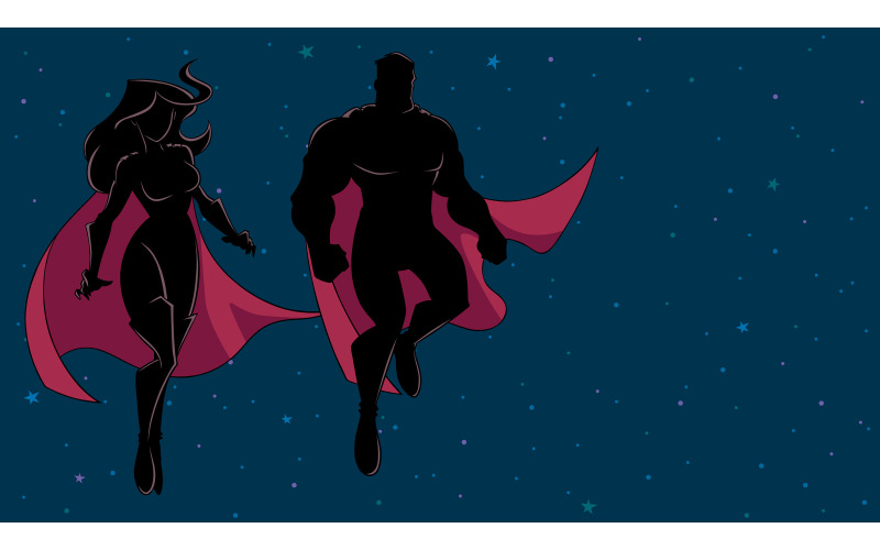 Superhero Couple Flying in Space Silhouette - Illustration