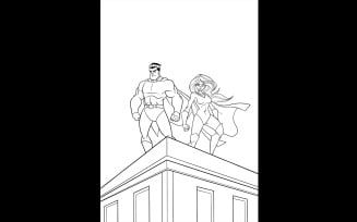 Superhero Couple Roof Watch Line Art - Illustration