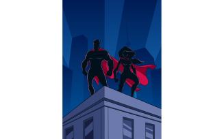 Superhero Couple Roof Watch Silhouettes - Illustration