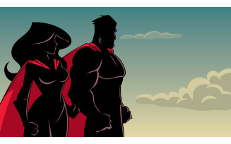 Superhero Couple Standing Together Silhouette - Illustration