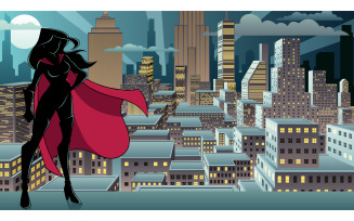 Superheroine Standing Night City Silhouette - Illustration