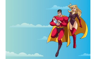 Super Dad Mom and Baby in Sky - Illustration