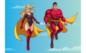 Superhero Couple Flying in Sky - Illustration