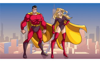 Superhero Couple Standing Tall in City - Illustration