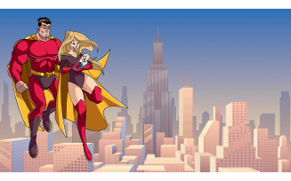 Super Mom Dad and Baby in City - Illustration