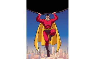 Superhero Holding Boulder Above City - Illustration