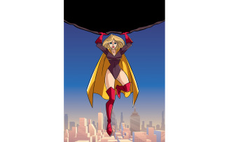 Superheroine Holding Boulder Above City - Illustration