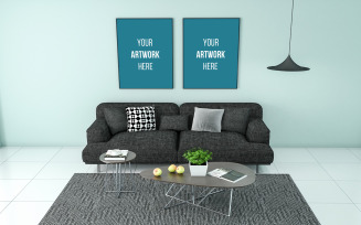 Black sofa with two vertical empty photo frames mockup modern living room product mockup