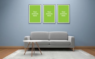 3d rendered of interior of modern living room three empty photo frame mockup design product mockup