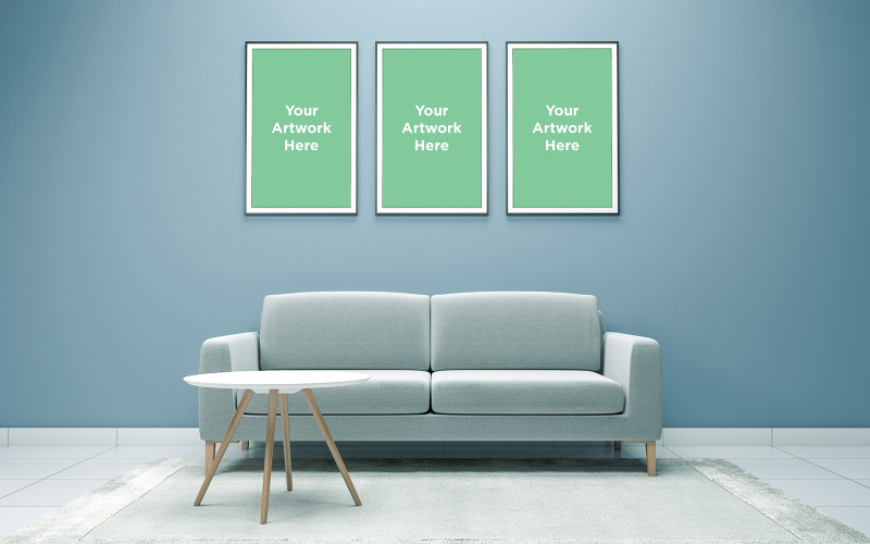 3d rendered of modern interior living room with Realistic photo frame mockup design product mockup Product Mockup