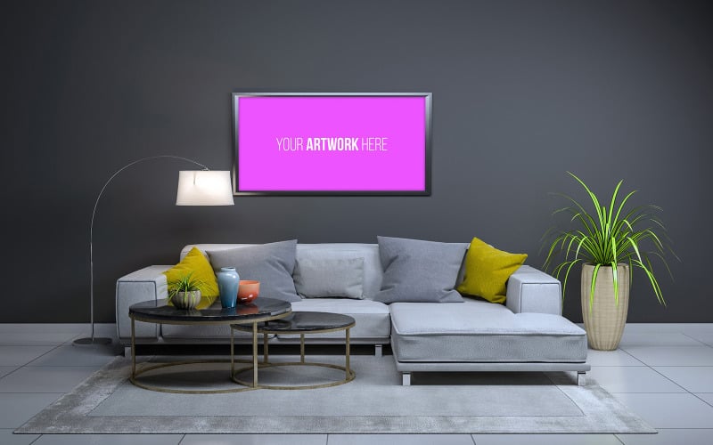 3d rendering of interior of modern living room with sofa, couch and table product mockup Product Mockup