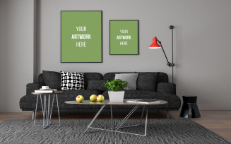 Empty picture frame mockup with black color sofa in modern living room interior product mockup