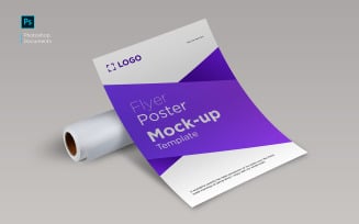 Flyer curve with paper roll mockup design template product mockup