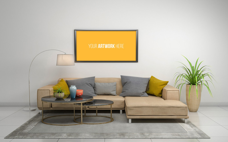 Horizontal picture frame mockup in modern interior of living room with sofa product mockup Product Mockup