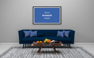 Living room interior blue sofa with empty photo frame mockup design product mockup