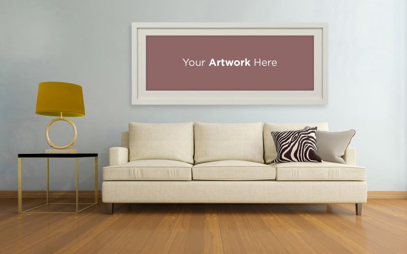 Living room interior couch empty photo frame mockup design product mockup Product Mockup