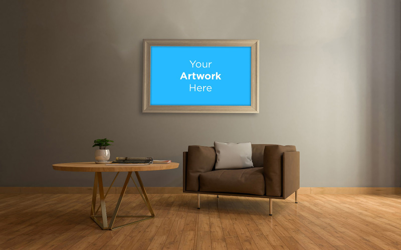Living room interior sofa and table with empty photo frame mockup design product mockup Product Mockup