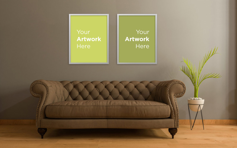 Living room interior sofa with plant empty photo frame mockup design product mockup Product Mockup
