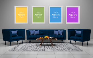 Living room interior with four empty photo frame mockup design product mockup