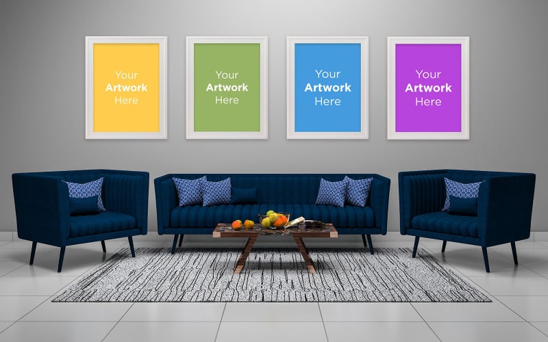 Living room interior with four empty photo frame mockup design product mockup Product Mockup