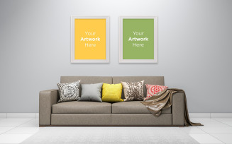 Modern interior Living room sofa with Two empty photo frame mockup design product mockup
