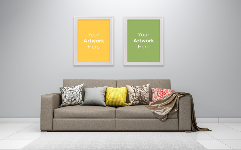 Modern interior Living room sofa with Two empty photo frame mockup design product mockup Product Mockup