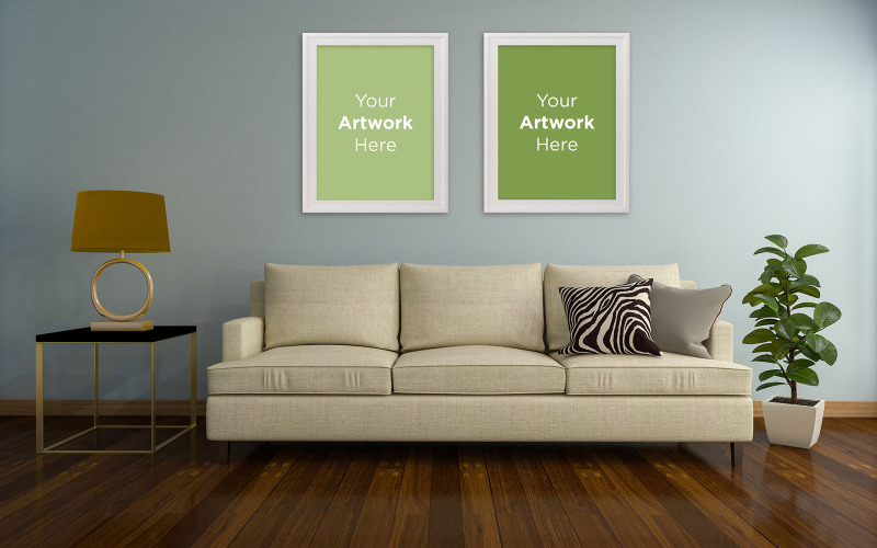 Modern Living room interior with two empty photo frame mockup design product mockup Product Mockup