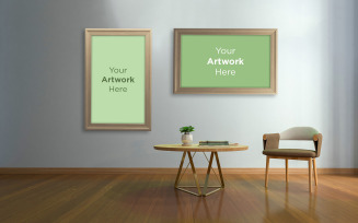 Modern Living room interior wooden floor chair with empty photo frame mockup design product mockup