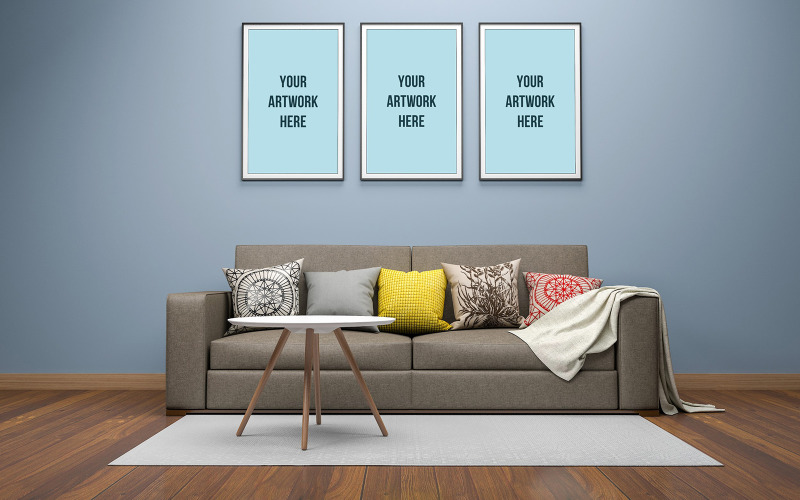Realistic three frames mockup of 3d rendered of interior modern living room product mockup Product Mockup