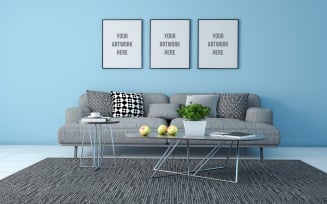 Three realistic photo frames mockup of interior modern living room product mockup