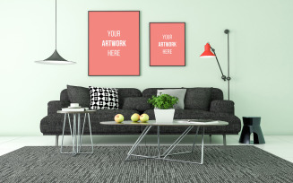 Two photo frames mockup modern living room with grey sofa product mockup