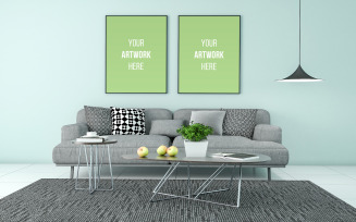 Two vertical black photo frames mockup modern living room with grey sofa product mockup