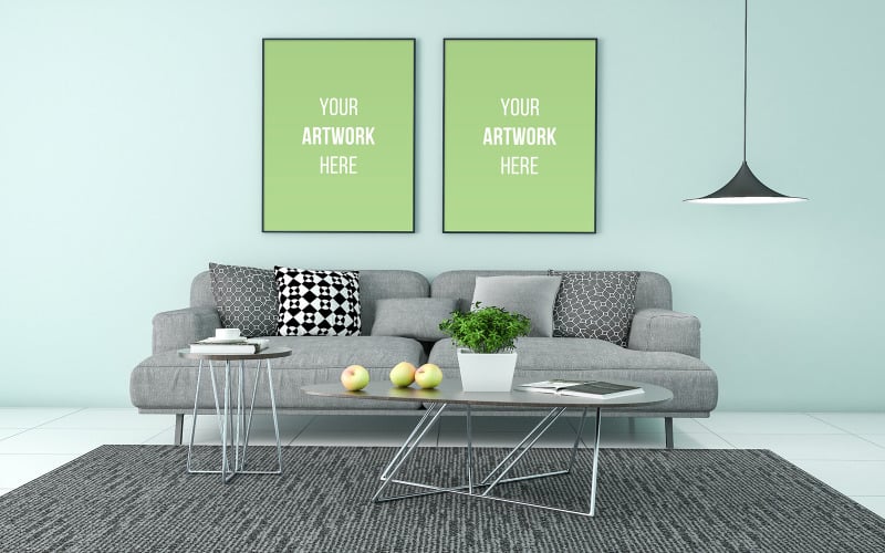 Two vertical black photo frames mockup modern living room with grey sofa product mockup Product Mockup
