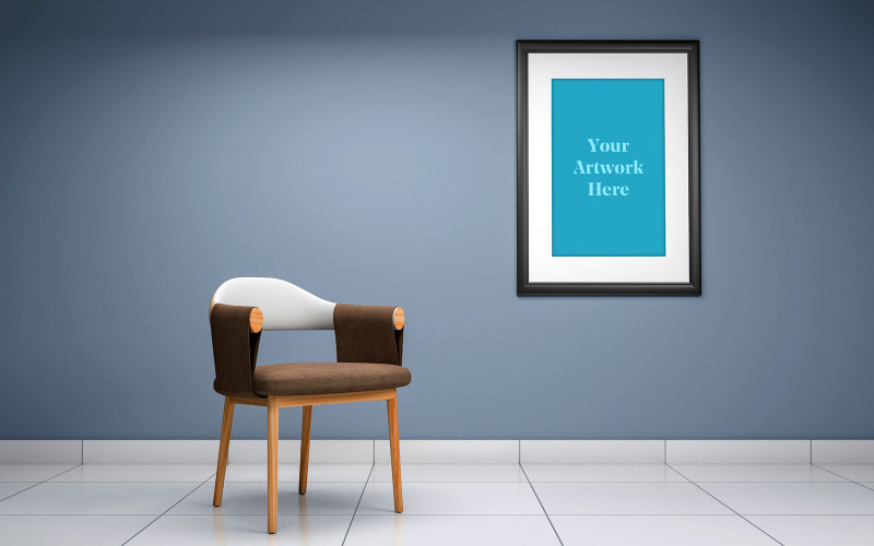 Vertical mockup photo frame in modern interior on wall with wooden chair product mockup Product Mockup