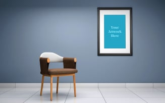 Vertical mockup photo frame in modern interior on wall with wooden chair product mockup