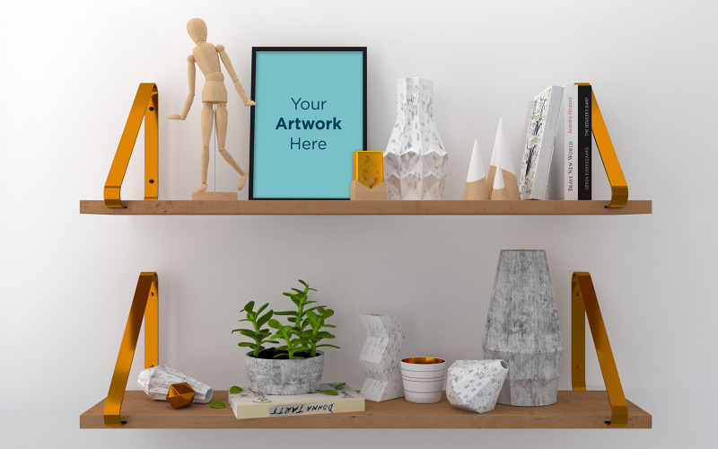 Blank photo frame mockup on shelf with books product mockup Product Mockup