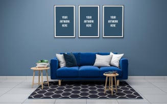 Blank Photo frames with blue sofa in interior living room product mockup