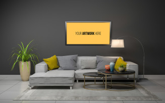 Blank picture frame mockup Minimal living room with gray sofa and carpet product mockup