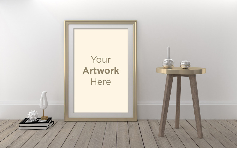 Empty golden photo frame with books on the wooden floor product mockup Product Mockup