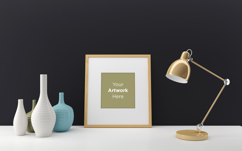 Empty photo frame with vases and lamp product mockup Product Mockup