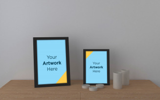 Front view empty frame mockup on wooden table interior product mockup