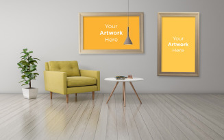 Grey wall photo frame mockup in interior with yellow chair and plant 3d rendering product mockup
