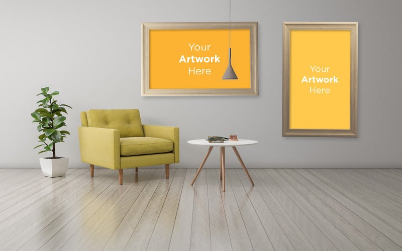 Grey wall photo frame mockup in interior with yellow chair and plant 3d rendering product mockup Product Mockup